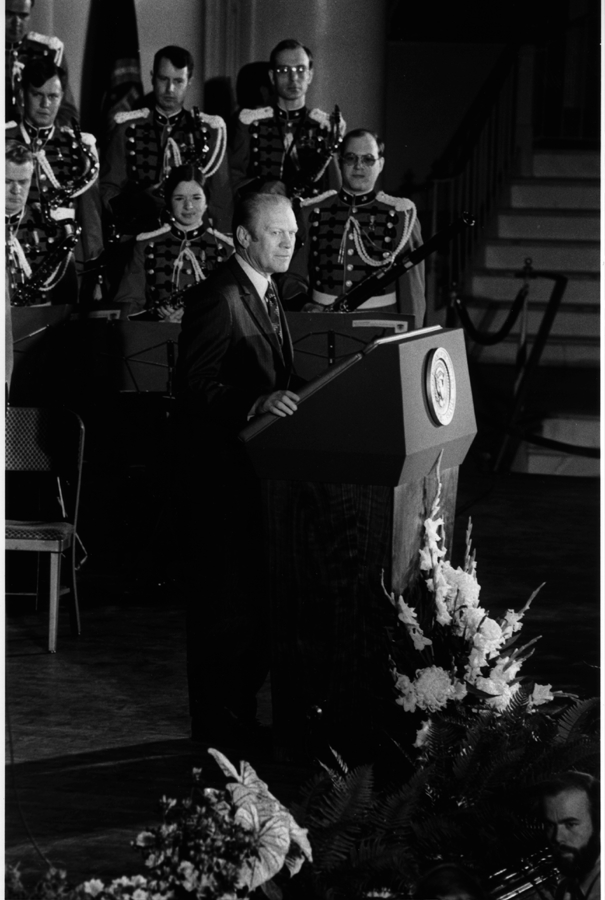 President Ford addresses the 63rd Annual Meeting of the U.S. Chamber of Commerce at Constitution Hall. April 28, 1975. 