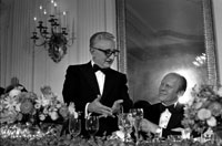 Italian President Giovanni Leone makes remarks at a State Dinner held in his honor during the State Visit of the President and Mrs. Leone.  State Dining Room, White House.  September 25, 1974