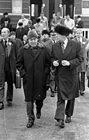 President Ford and Soviet General Secretary Leonid I. Brezhnev depart from the train