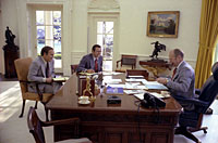 President Ford meets with Chief of Staff Donald Rumsfeld and Dick Cheney in the Oval Office