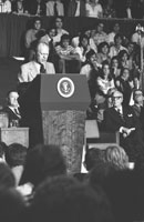 President Ford declares that the Vietnam War “is finished as far as America is concerned” during his Convocation Address at Tulane University in New Orleans. Tulane University Field House  April 23, 1975.   
