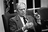 President Ford makes a point during a National Security Council meeting during the Mayaguez crisis