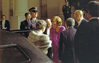 First Lady Betty Ford greets Empress Nagako as she arrives at the White House with Emperor Hirohito of Japan for a state dinner in their honor on their historic first visit to the United States. October 2, 1975.