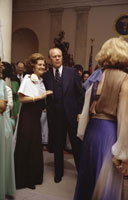 President and First Lady Betty Ford pause on the dance floor at a White House state dinner in honor of Egyptian President and Mrs. Anwar Sadat.   October 27, 1975. 