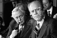 President Ford with British Prime Minister Harold Wilson during a press conference at the International Economic Summit in Rambouillet, France.  November 17, 1975.  