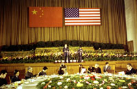 President Ford makes remarks at a Reciprocal Dinner in honor of the People's Republic of China Official Party that he and First Lady Betty Ford hosted in the Peking Room of the Great Hall of the People. December 4, 1975 