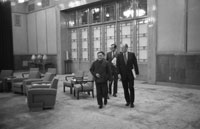 After bilateral talks Vice Premier Teng Hsiao-P’ing leads President Ford and Chief U.S. Liaison Officer George H.W. Bush through the Great Hall of the People. December 2, 1975.