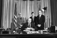 President Ford makes remarks upon signing emergency appropriations legislation for the National Swine Flu Immunization Program. April 15, 1976.
