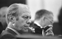 President Ford ponders the issues at a National Security Council meeting following the assassinations in Beirut of U.S. Ambassador to Lebanon Francis E. Meloy, Jr. and Economic Counselor Robert O. Waring on June 16.  June 17, 1976.   