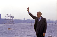 President Ford views the “Tall Ships” of Operation Sail from the flight deck of USS Forrestal in New York Harbor.  July 4, 1976.  