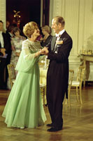 First Lady Betty Ford and Prince Philip dance during the state dinner in honor of Queen Elizabeth II and Prince Philip at the White House.  July 7, 1976.   