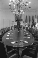 First Lady Betty Ford dances on the Cabinet Room table on the day before departing the White House upon the inauguration of President Jimmy Carter.   January 19, 1977.  