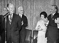 President and Mrs. Lyndon B. Johnson, Senate Majority Leader Mike Mansfield (MT), Speaker of the House John McCormack and others salute House Minority Leader Gerald R. Ford