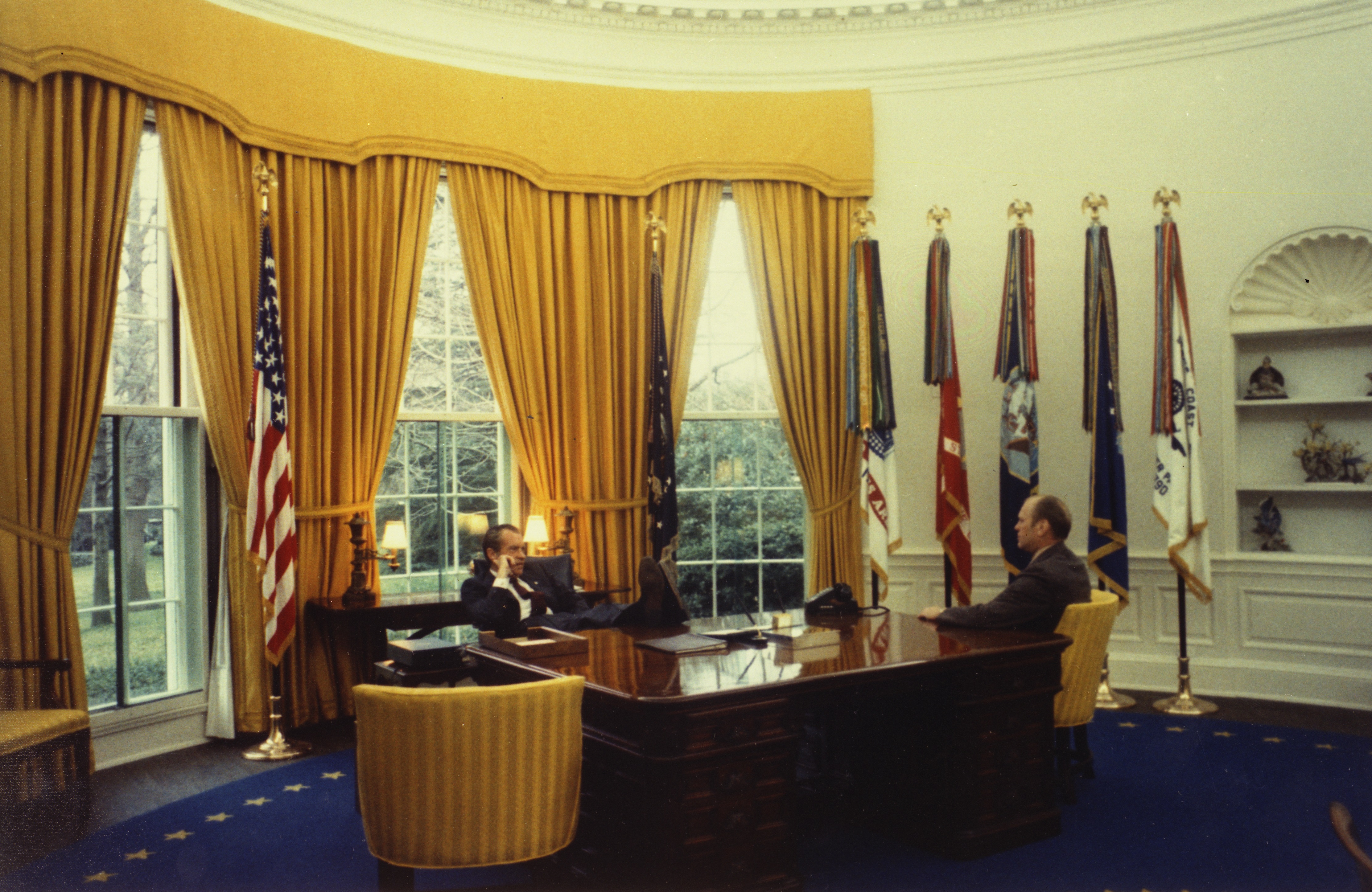 President Richard M. Nixon and Representative Gerald R. Ford meet in the Oval Office prior to the nomination of Mr. Ford to succeed Spiro T. Agnew as Vice President. 10/13/73