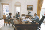 President Ford meets with Deputy Chief of Staff Dick Cheney and Chief of Staff Don Rumsfeld in the Oval Office