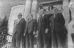 Secretary of State Henry Kissinger, General Secretary Leonid Brezhnev (with translator Viktor Sukhodrev at this ear), President Ford, and Foreign Minister Andrei Gromyko