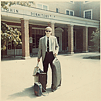 H0001-3. College freshman Michael G. Ford outside his college dormitory at Wake Forest University, Winston-Salem, NC. September 1968. 