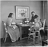 H0009-4. Betty Ford, Gerald R. Ford, Jr., Michael Ford and Jack Ford sit at the kitchen table in their apartment at 1521 Mount Eagle Place, Alexandria, VA. 1952.