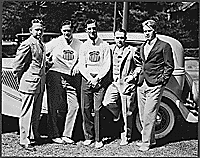 H0035-1. Gerald R. Ford, Jr. at the University of Michigan with football teammates Russell Fuog, Chuck Bernard, Herman Everhardus, and Stan Fay. October 1934.