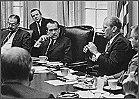 H0036-3. President Richard M. Nixon meets with Senate Minority Leader Hugh Scott, House Minority Leader Gerald R. Ford, and Representative John Rhodes in the Cabinet Room. 1971.