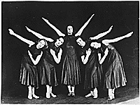 H0047-2. Betty Bloomer (center) dancing with four other young women. 1938.