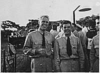 H0059-1 and H0061-4. Gerald R. Ford, Jr. and Lt. (jg) W.E. Delaney at the farewell party for Air Group Thirty at the Ford Island Tennis Club, Pearl Harbor. Delaney was in Air Group Thirty. May 12, 1944.
