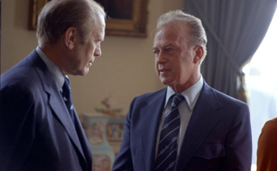President Ford and Israeli Prime Minister Yitzak Rabin at a reception following the State Arrival Ceremony for the Prime Minister and Mrs. Rabin.   Blue Room. White House.   September 10, 1974.  