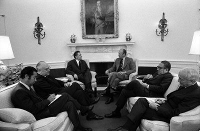 President Ford and Soviet Foreign Minister Andrei Gromoyko discuss matters in an Oval Office meeting also attended by Soviet Ambassador Anatoly Dobrynin, Breznev’s personal interpreter Victor Sukhrodev, Secretary of State Henry Kissinger and U.S. Ambassador Walter J. Stoessel. 