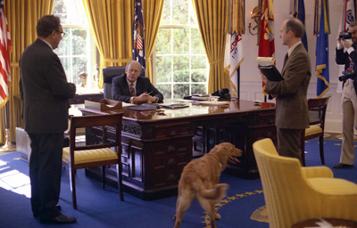 President Ford confers with Secretary of State Henry Kissinger and National Security Advisor Brent Scowcroft in the Oval Office. 