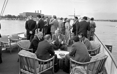 President Ford hosts an informal dinner and a Cabinet meeting aboard the presidential yacht, the USS Sequoia.  