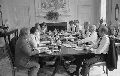 President Ford meets with General Secretary Brezhnev in the dining room at the American Embassy, Helsinki, Finland.  August 2, 1975.  (American participants include Henry Kissinger; Walter J. Stoessel, U.S. Ambassador to the USSR; Lt. Gen. Brent Scowcroft, National Security Advisor; Helmut Sonnenfeldt, Counsellor of the Department of  State; Arthur A. Hartman, Asst.  Secretary of State for European Affairs; William G. Hyland, Director of the Bureau of Intelligence and Research, Department of State; Jan Lodal, Director of Program Analysis, NSC; and Alexander Akalovsky, Department of State.)  
