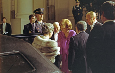 First Lady Betty Ford greets Empress Nagako as she arrives at the White House with Emperor Hirohito of Japan for a state dinner in their honor on their historic first visit to the United States.   