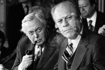 President Ford with British Prime Minister Harold Wilson during a press conference at the International Economic Summit in Rambouillet, France.  November 17, 1975