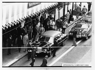 Photograph taken outside the St. Francis Hotel at about the exact time Sara Jane Moore attempted to assassinate President Gerald R. Ford.  