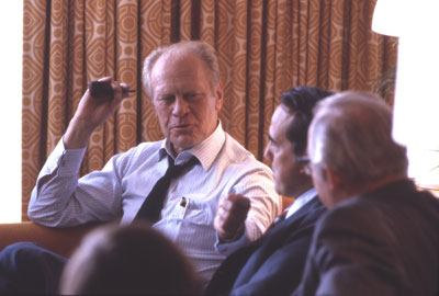 President Ford makes a decision not to run as Ronald Reagan’s vice presidential running mate while meeting with congressional leaders Senators Robert Dole, Howard Baker and Bill Brock at the Republican National Convention in Detroit, Michigan. 