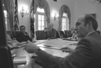 President Ford and National Security Adviser Lt. Gen. Brent Scowcroft point to a map of Beirut during National Security Council discussions on the evacuation of Americans, following the assassinations of U.S. Ambassador to Lebanon Francis E. E. Meloy, Jr. and Economic Counselor Robert O. Waring on June 16.  June 17, 1976.