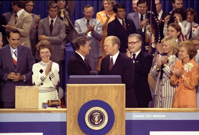 President Ford, as the Republican nominee, shakes hands with nomination foe Ronald Reagan on the closing night of the Republican National Convention.