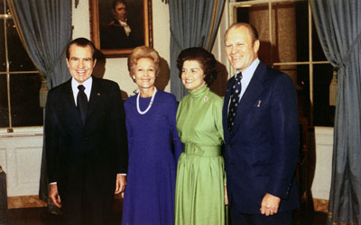 President Richard Nixon, Pat Nixon, Betty Ford, and Representative Gerald Ford following the nomination of Gerald Ford as the President's choice to succeed Sprio T. Agnew as Vice President. 