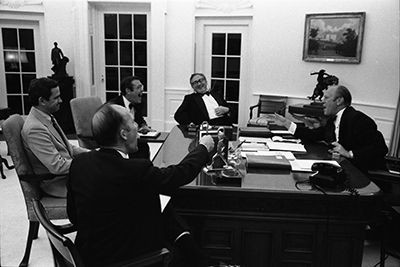 President Ford and senior staff members react to the news of the recapture of the S.S. Mayaguez and its crew.