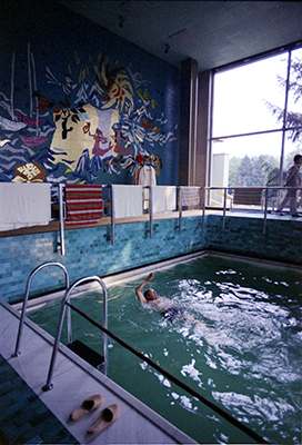 President Ford taking a swim at the Spring Palace during a state visit to Bucharest, Romania.