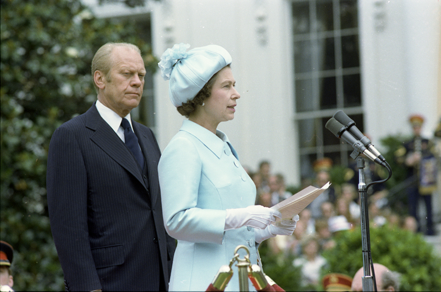 Queen Elizabeth II delivers remarks at a state arrival ceremony held in her honor on the South Lawn of the White House.