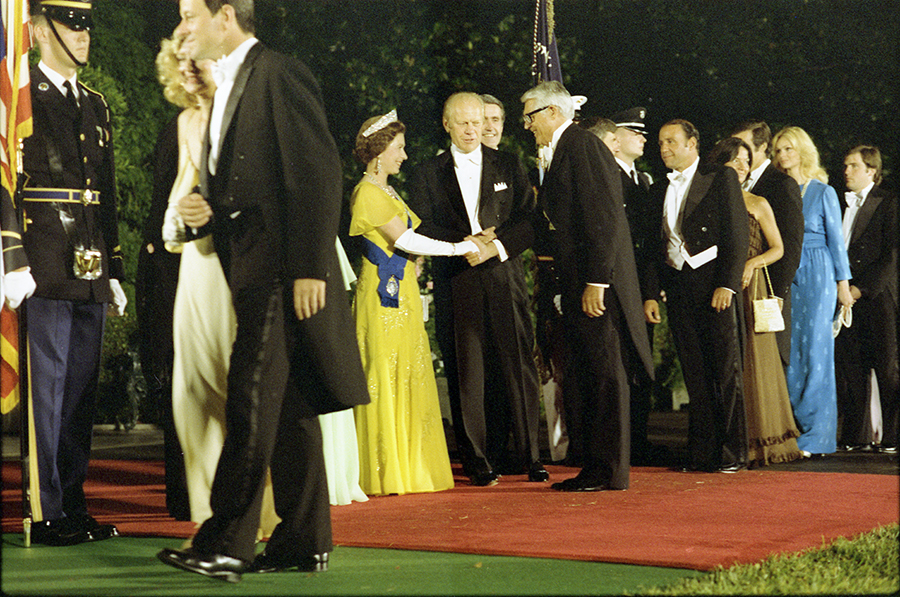 President Ford introduces Cary Grant to Queen Elizabeth II in the receiving line prior to the state dinner honoring the Queen.