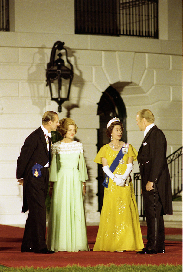 President and Mrs. Ford Standing With Queen Elizabeth II and Prince Philip on the South Portico of the White House prior to a state dinner honoring Her Majesty.