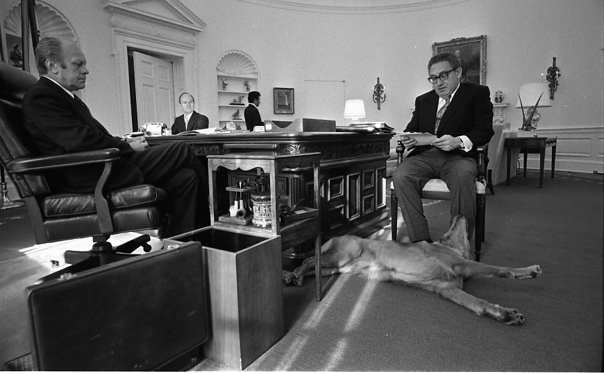 President Gerald Ford meeting with Secretary of State Henry Kissinger and Deputy National Security Adviser Brent Scowcroft, November 16, 1974