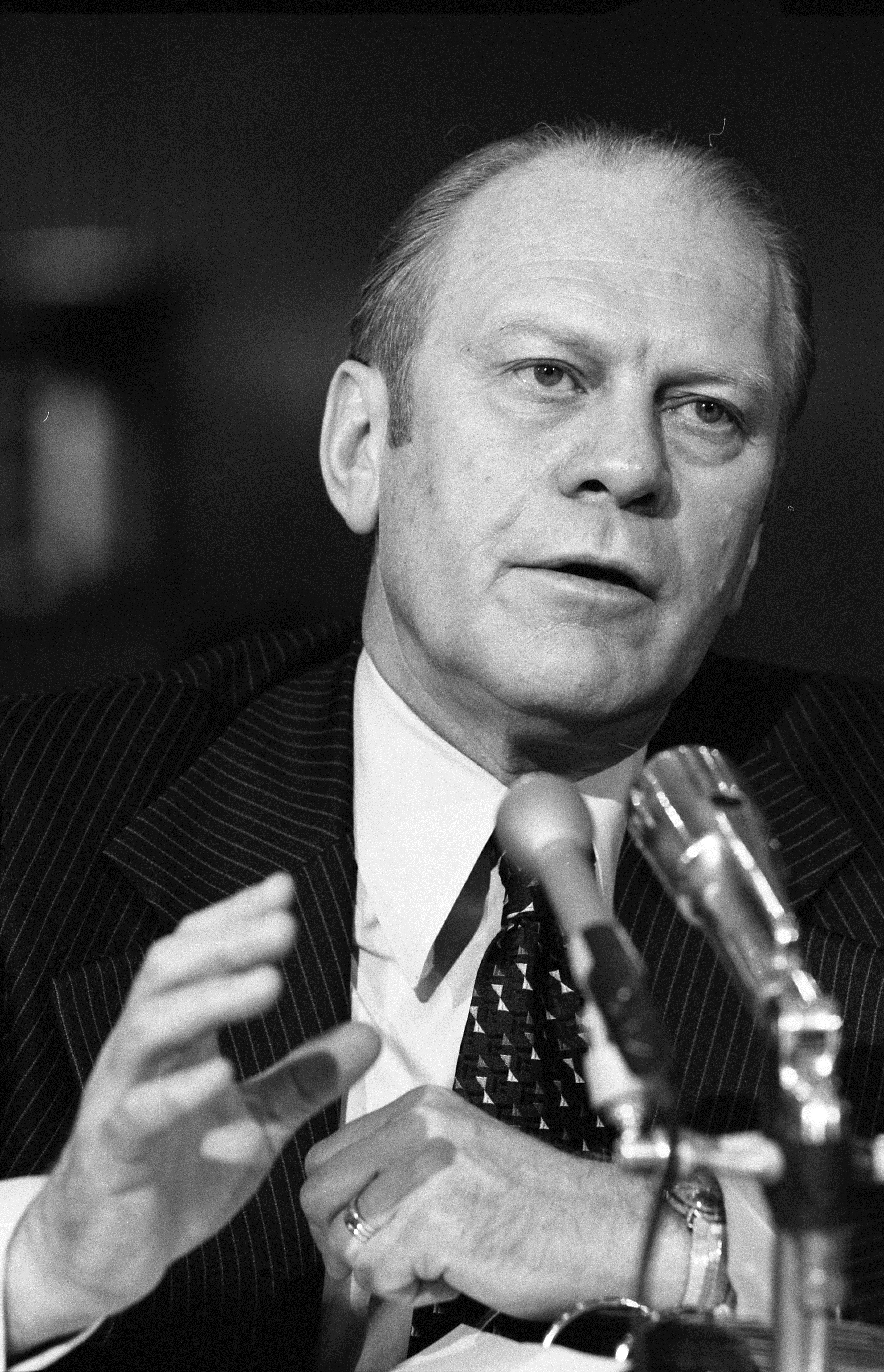 Gerald R. Ford giving testimony at his Vice Presidential confirmation hearing before the Senate Rules Committee, 11/1973.