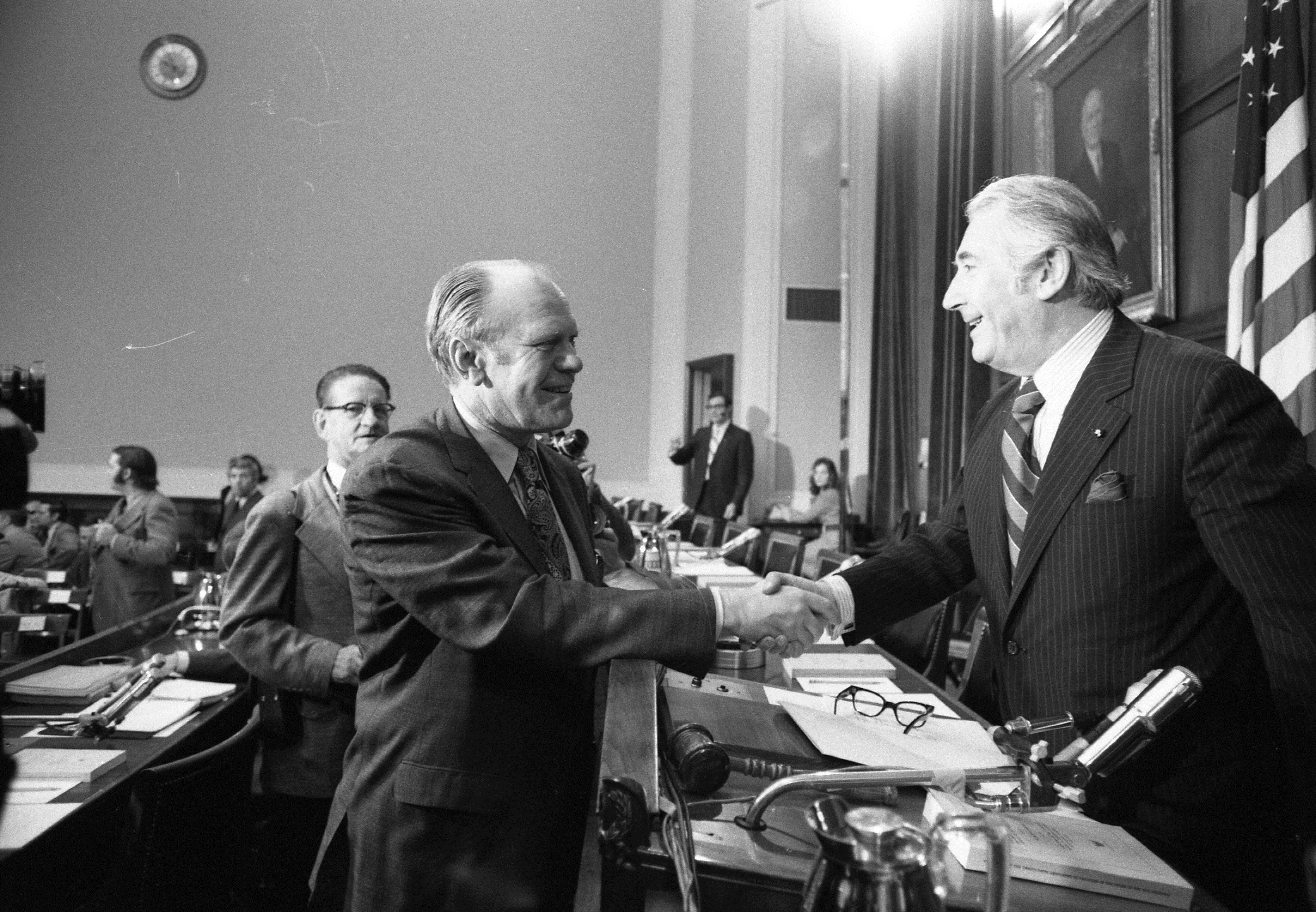 Gerald R. Ford greeting members of the House Judiciary Committee at his Vice Presidential hearing, 11/15/1973.