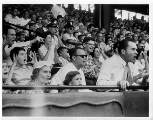Vice President Richard Nixon and his family react to a questionable call during a Washington Senators game in 1958. 