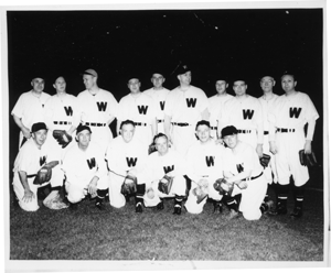 Gerald Ford is third from left on the back row in this photograph of the 1950 Republican baseball team. 