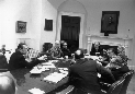 A4234-11A. President Ford presides over a meeting of the National Security Council on the situation on Vietnam. April 28, 1975. (clockwise, left to right) William Colby, Director, CIA; Robert S. Ingersoll, Deputy Secretary of State; Henry Kissinger; GRF, James Schlesinger, Defense Secretary; William Clements, Deputy Secretary of Defense; Vice President Rockefeller; and General George S. Brown, Chairman of the Joint Chiefs of Staff. 