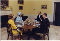President and Mrs. Ford visit with Queen Elizabeth and Prince Philip in the Second Floor Family Dining Room before lunch.